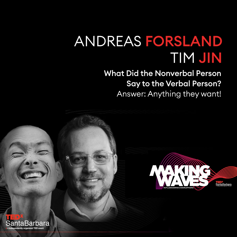 Promotional photo for a TEDx talk, the fly has black and white portraits of both presenters: Tim Jin and Andreas Forsland.