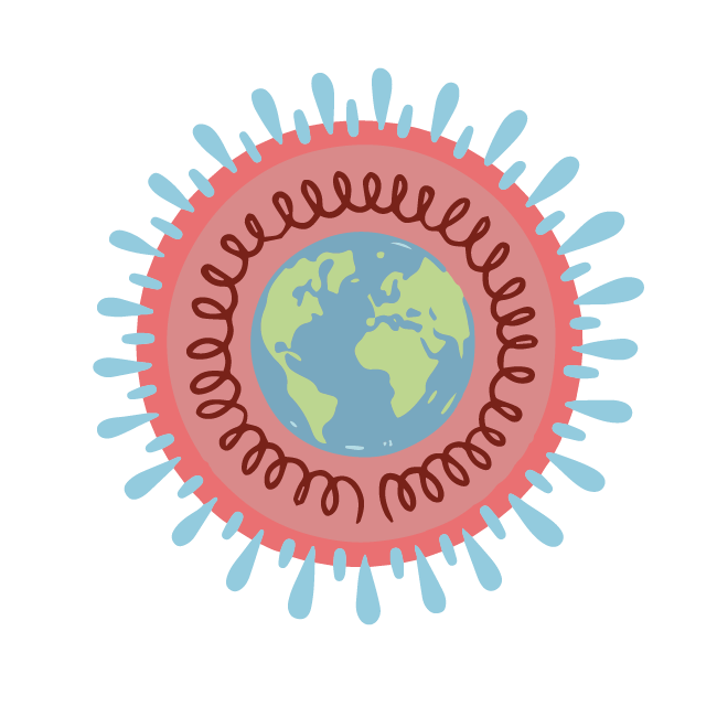 Drawing of a COVID molecule with a drawing of the earth at the center, indicating the global impact of the COVID pandemic.