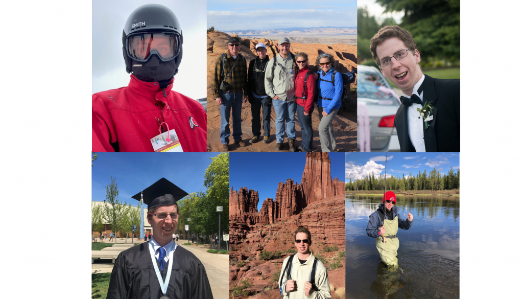 A collage of photos of Heber, Professor Clark's son, a young adult enjoying a range of activities, including hiking, fishing, graduations, and formal events.