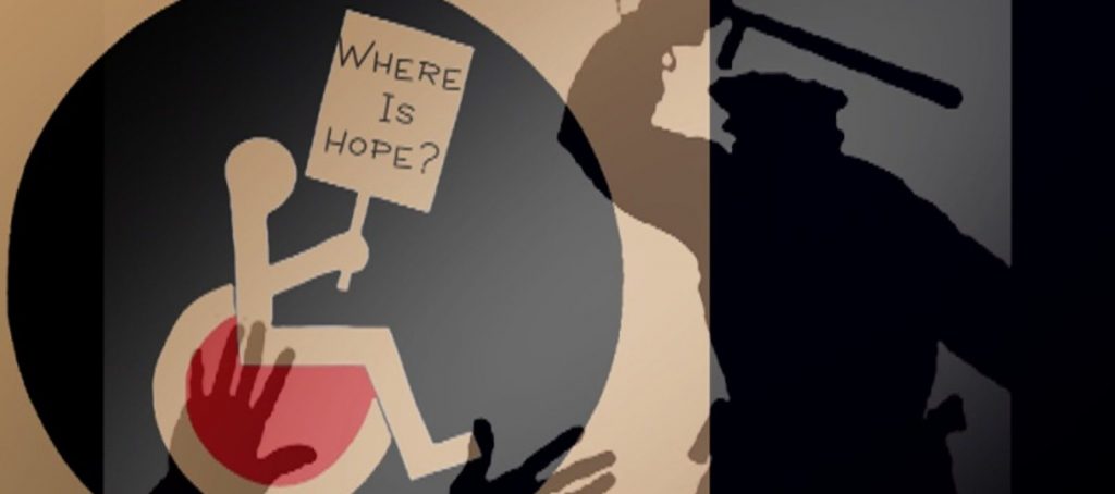 The accessibility logo is drawn at the center of a black circle. The user holds up a sign that reads Where is Hope? Next to the image is the shadow of a police officer raising a baton.