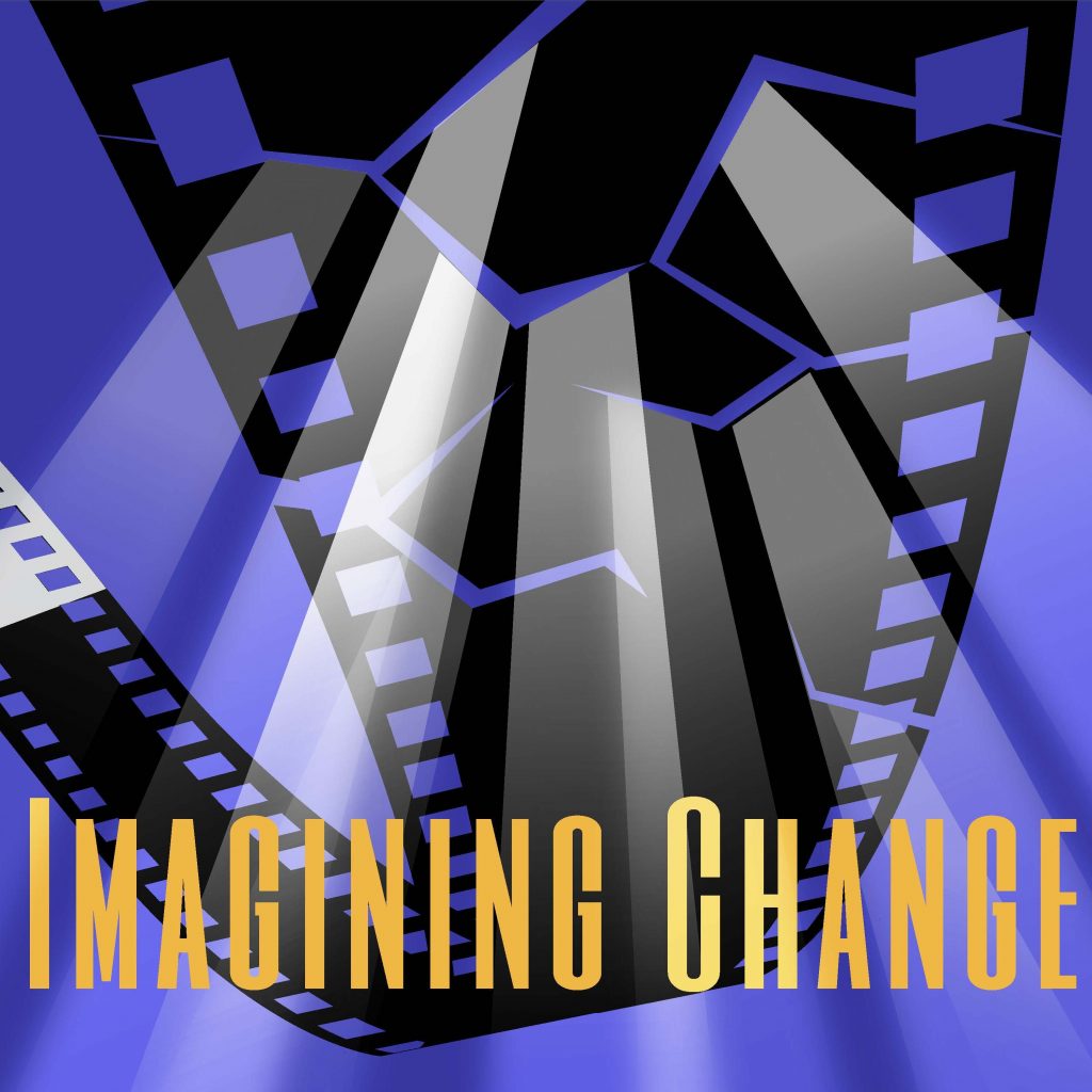 A reel of film unfurls, the reel starts to crack and light breaks shines through these cracks highlighting the text: Imagining Change.