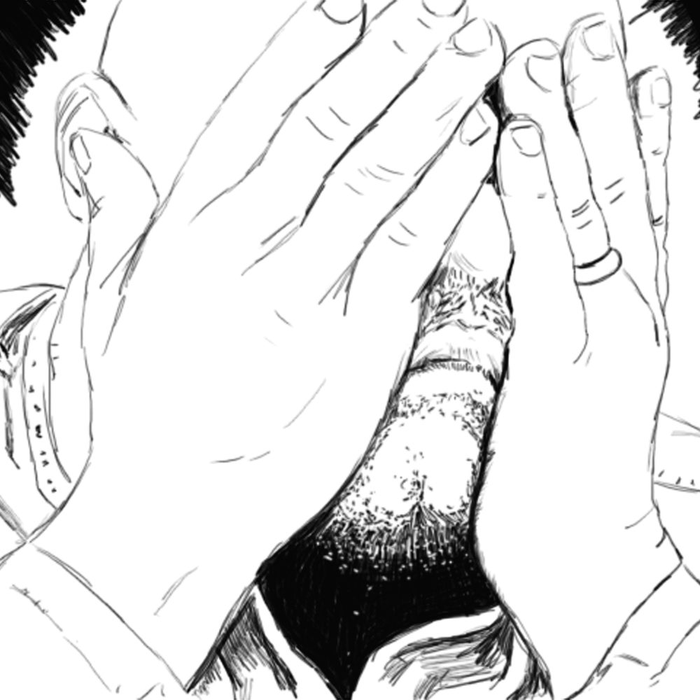 Drawing of a person with their hands covering their face.
