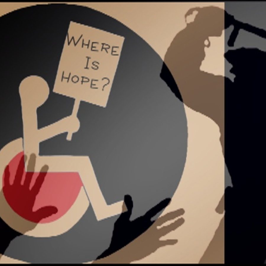 The accessibility logo is drawn at the center of a black circle. The user holds up a sign that reads Where is Hope? Next to the image is the shadow of a police officer raising a baton.