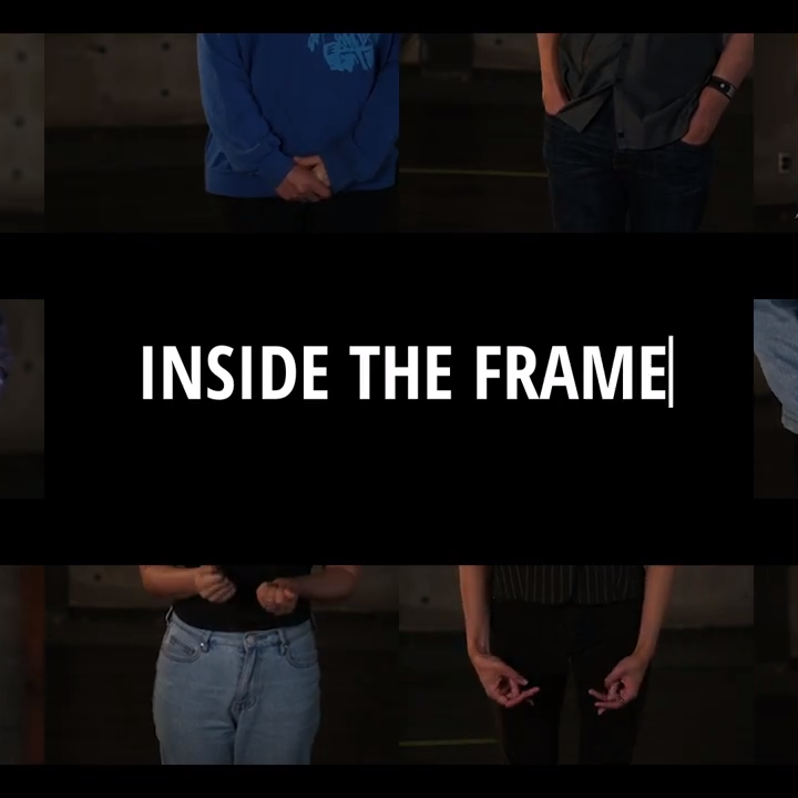 A collage of photos of people's hands, some people clasp their hands, another has their hands in their pockets. In the center of the collage is the title: Inside the Frame.