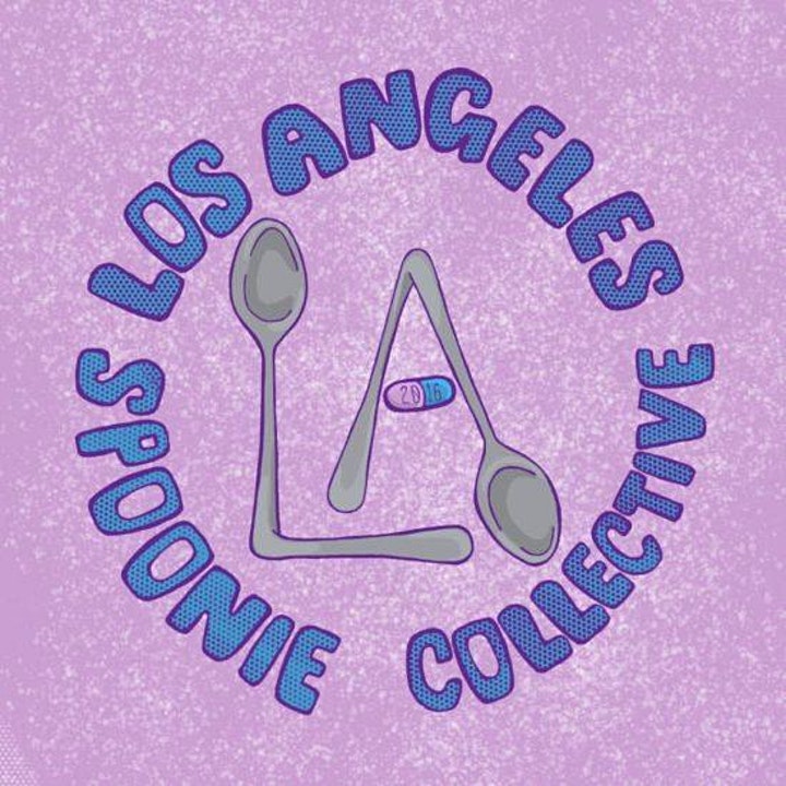Los Angeles Spoonie Collective blue handwritten text in a circle surrounding two spoons and a pill in the shape of LA, against a purple background.