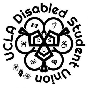 The UCLA Disabled Student Union Logo comprised of multiple wheelchairs merged together to create a six-sided shape. Inside this shape, the letters DSU are in the center while multiple symbols for disability identities surround it. On each side of the shape, the words UCLA (top) Disabled (left) Student (right) and Union (bottom) are placed.