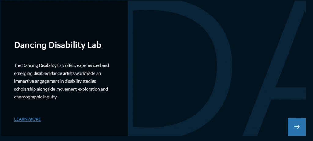 Screenshot from the Inclusion Labs landing page, the focus in on a link to the Dancing Disability Lab's page. Next to the link, oversized letters D and A are visible.