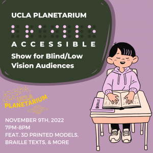 Illustrated flyer advertising the event. The flyer depicts a student with short hair reading a book in braille at a desk.