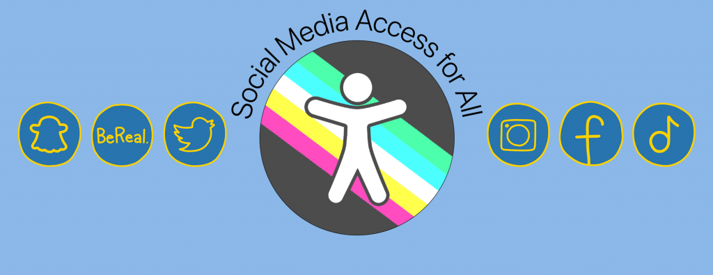 Graphic for Social Media Access for All depicting an icon of a person on top of colorful lines and social media icons