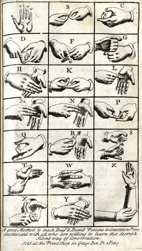 The history of the life and adventures of Mr. Duncan Campbell. 2d ed. cor. London : Printed for E. Curll, 1720. British fingerspelling alphabet chart from 1720. Each letter is accompanied by a corresponding fingerspelling sign in its own box. Most of the letters are represented by two-handed signs. The bottom of the chart reads: “A good method to teach Deaf & Dumb Persons to Converse with one another, and with all who are willing to learn this Secret & Silent way of Conversation. Sold at the Print Shop in Grays Inn.