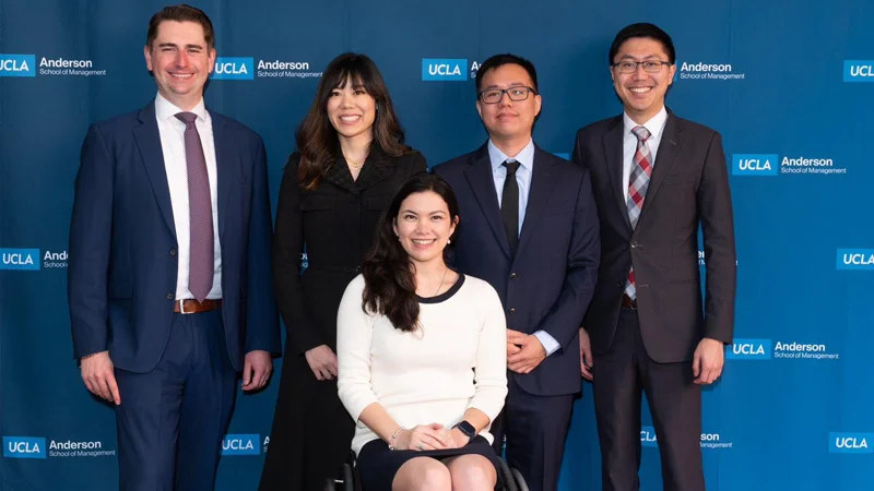 Link (seated) conducted her Anderson capstone project consulting for a New Zealand sustainable air filter company, along with teammates Barry Lawrence, Emily Tsai, Andy Peng and Allen Chen, all FEMBA Class of 2023