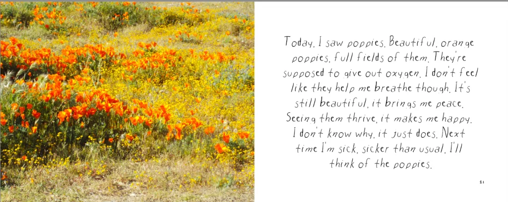 Another spread from Rowan's capstone project. On the left, an image of orange California poppies. On the right, the text reads: Today, I saw poppies. Beautiful, orange poppies, full fields of them. They're supposed to give out oxygen. I dont feel like they help me breathe though. It's still beautiful, it brings me peace. Seeing them thrive, it makes me happy. I dont know why, it just does. Next time I'm sick, sicker than usual, I'll think of the poppies.