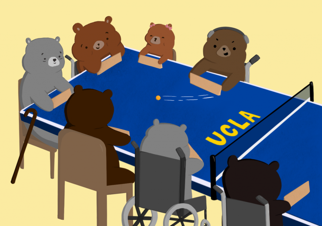Yellow background with a drawing of seven cartoon bears of various ages and abilities gathered around a table tennis table to play a friendly game of takkyu volley. Text reads, "Takkyu Volley Rec Day. April 27, 1-3 PM @ the JWC - Collins Court.