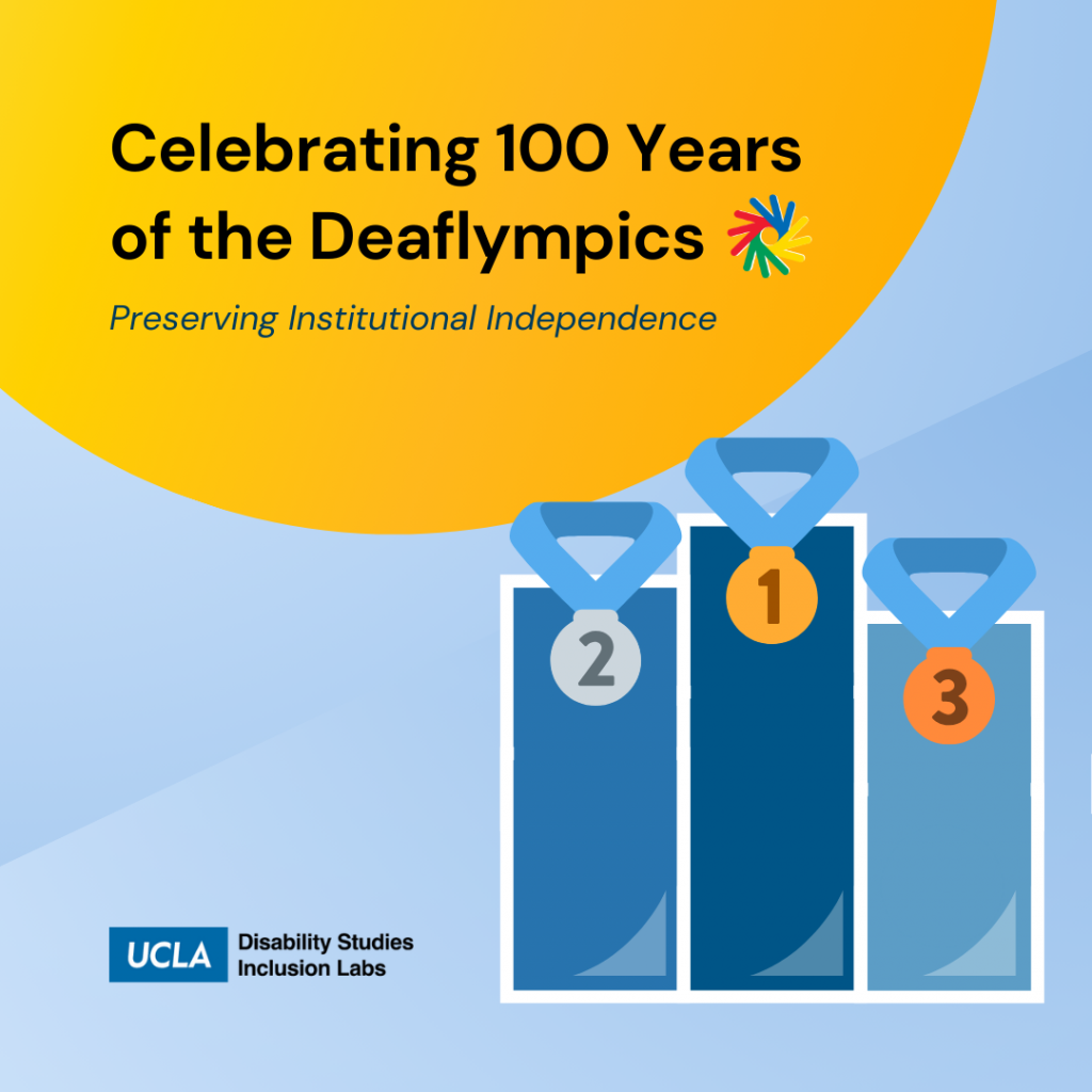 The image celebrates 100 years of the Deaflympics, using the text “Celebrating 100 Years of the Deaflympics” in a large, bold font. The tagline “Preserving Institutional Independence” is featured below. The Deaflympics logo is to the right of the tagline which shows 4 hands in a circle to represent the sign for “united”. The hands are colored red, yellow, green, and blue to represent the 4 global confederations. This image shows a 3-tiered podium overlayed with gold, silver, and bronze medals. The UCLA Disability Studies Inclusion Labs logo is displayed at the bottom left corner. The color palette includes shades of blue and yellow, with a modern and vibrant design.