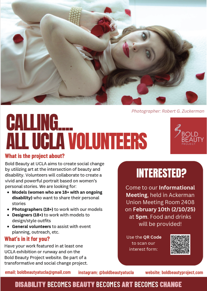 A flyer for the Bold Beauty Project at UCLA. At the top, there is a photograph of a woman lying on a white surface with scattered red rose petals. The flyer answers "What is the project about?" and "What's in it for you?" Along with a details for the informational meeting.