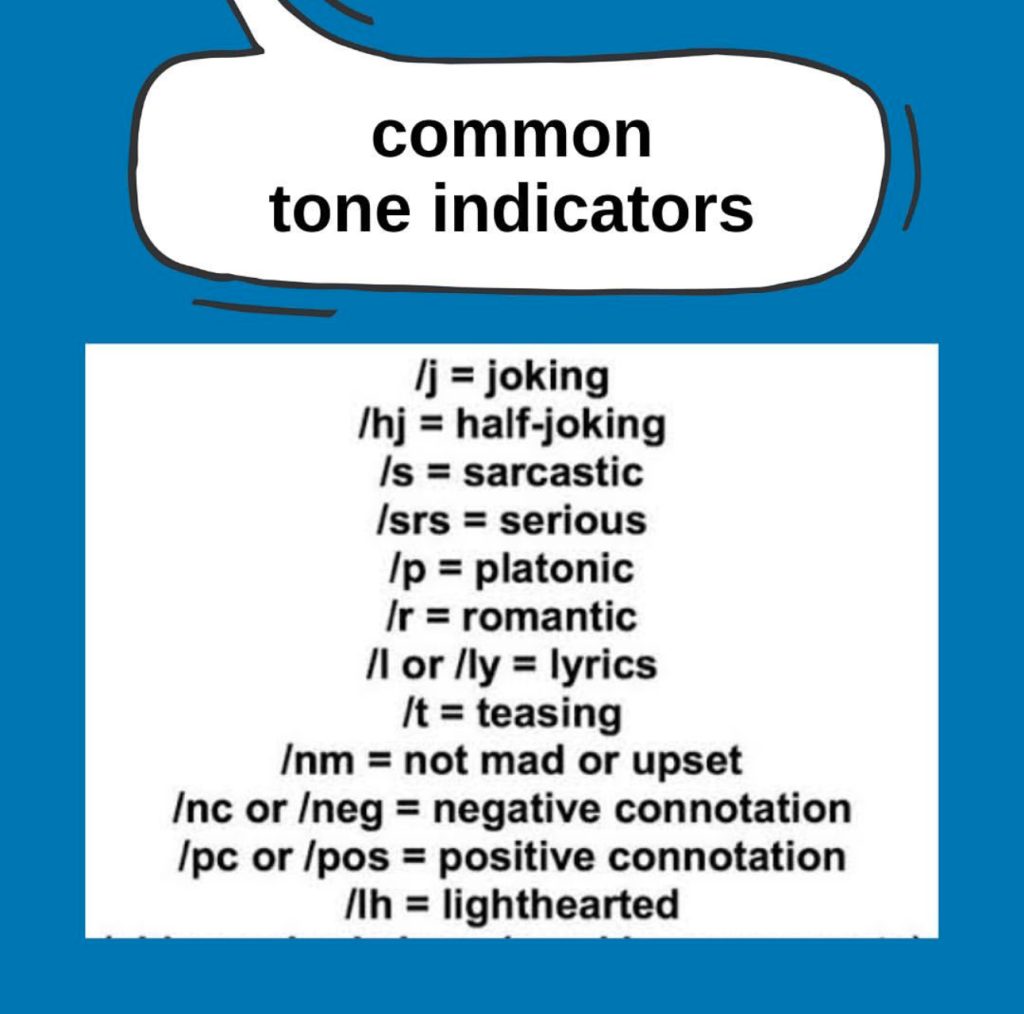 A blue graphic titled “common tone indicators” in a white speech bubble with a black outline. Below is a chart including /j = joking, /hj = half-joking, /s = sarcastic, /srs = serious, /p = platonic, /r - romantic, /l or /ly = lyrics, /t = teasing, /nm = not mad or upset, /nc or /neg = negative connotation, /pc or /pos = positive connotation, and /lh = lighthearted.