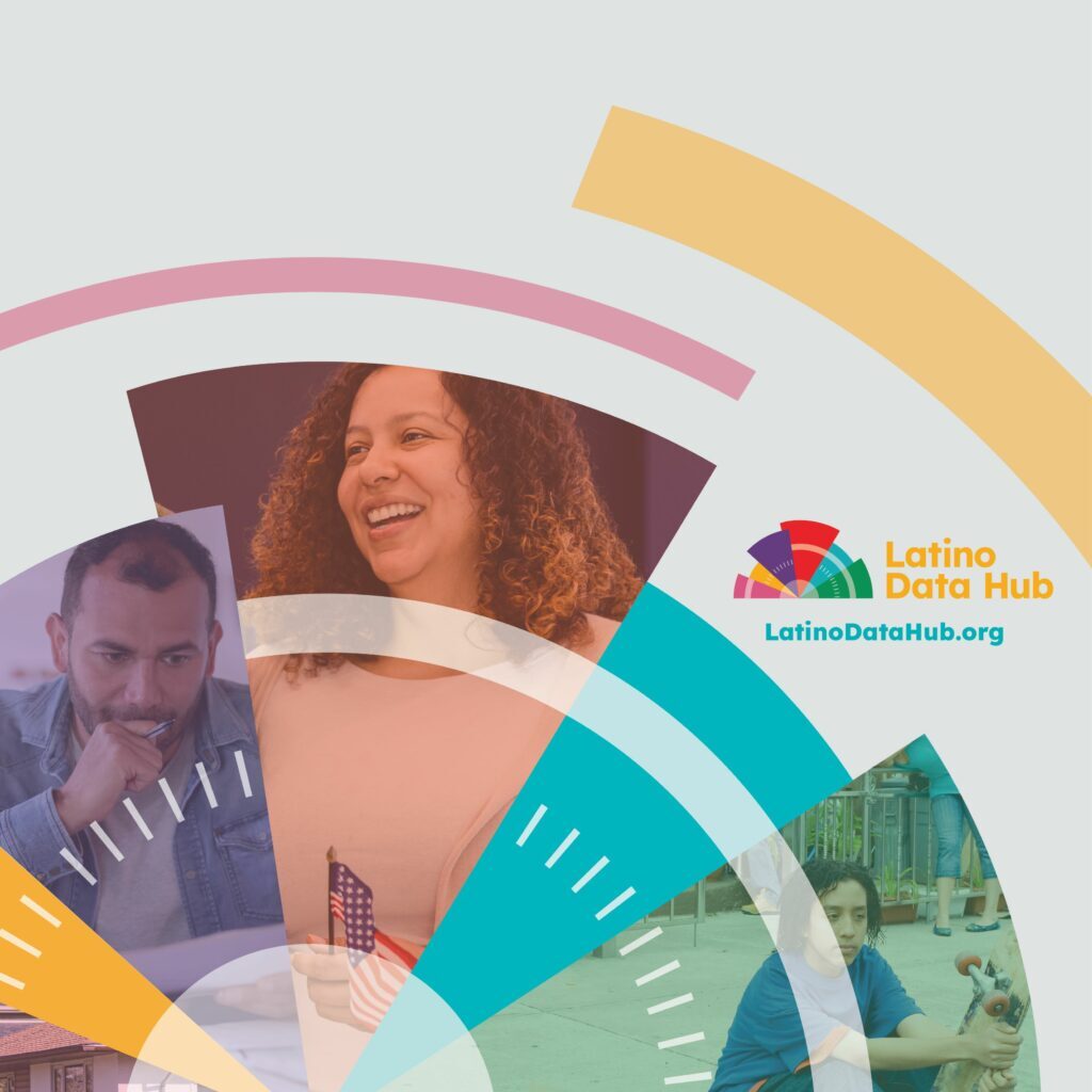 Pie chart with various colors. Some slices include images of people. The logo for the Latino Data Hub is also included.