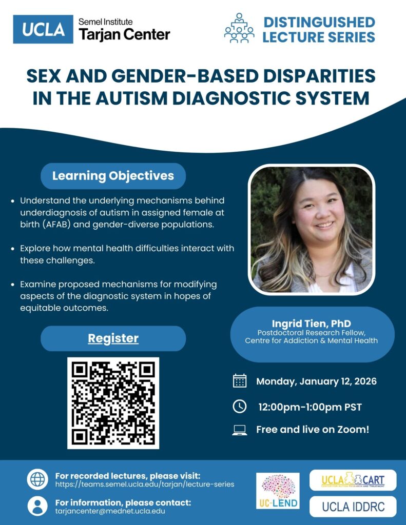 Flier of the event, Sex and Gender-Based Disparities in the Autism Diagnostic System. The flier includes learning objectives of the session and an image of Ingrid Tien, PhD, the speaker for the session.