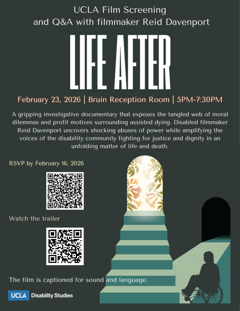 Flier for the film screening of the documentary Life After. The flier includes a description of the film and QR codes to scan for RSVP and information about the film.