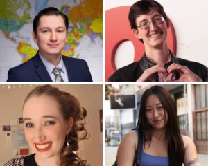 Descriptions from upper left to lower right: Kevin is wearing a suit and tie and is posed in front of a global map. Christoper is making a heart with his hands as he smiles at the camera, Rowan is a white woman with blonde hair and smiles at the camera, Shannon is an asian woman with black hair and smiles at the camera in a street setting. 