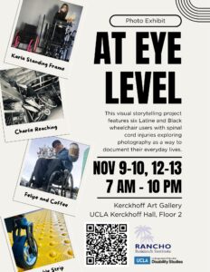 Flyer for At Eye Level Photo Exhibit from Nov 9-10, 11-13 in the Kerckhoff Art Gallery.