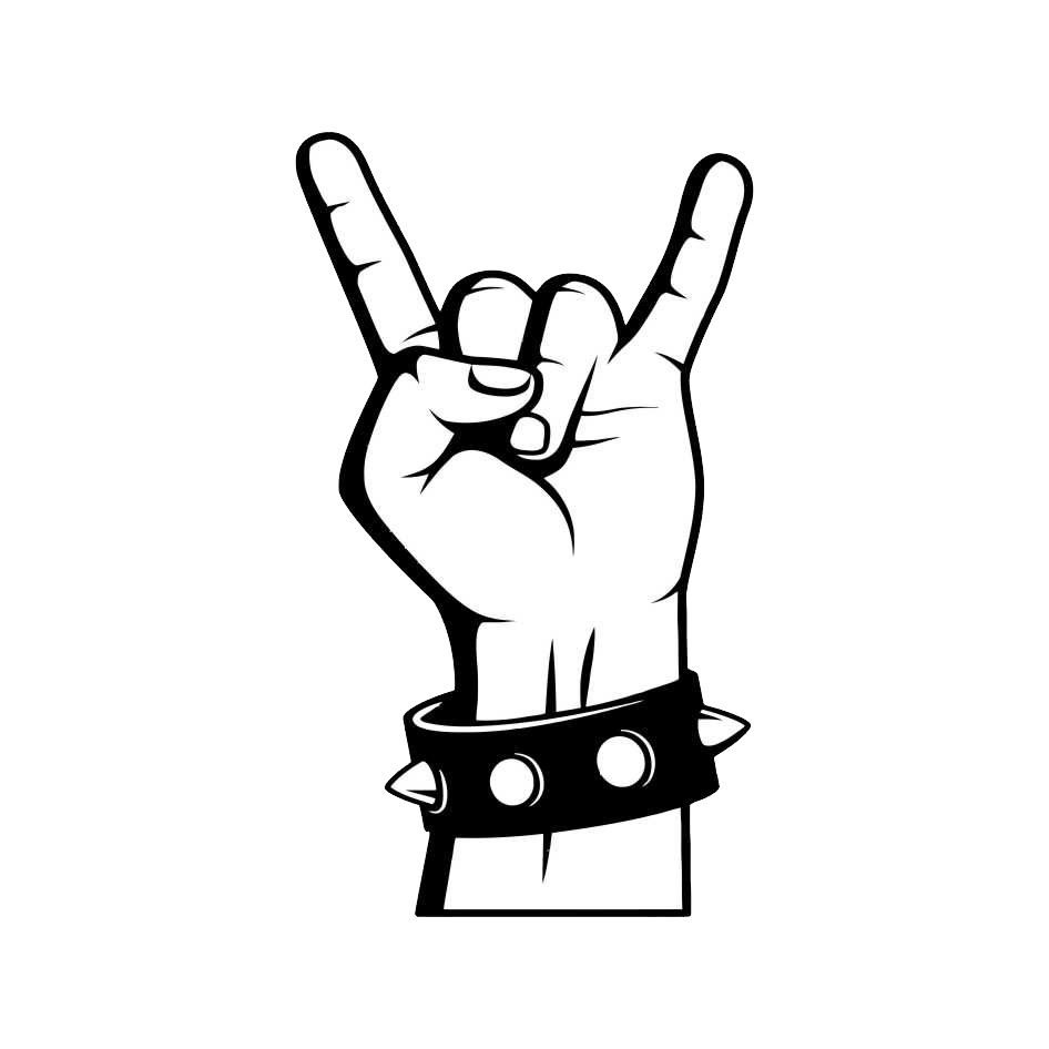 Image of hand making rock on sign. The hand has a bracelet on with spikes.